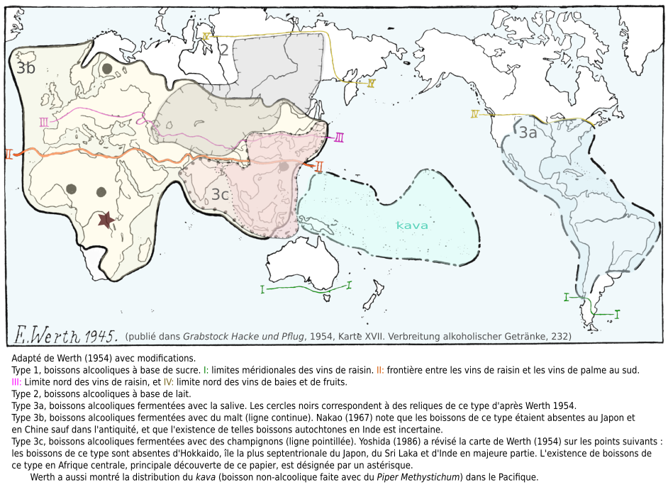 Werth (1954) - Yoshida (1986), carte historique des boissons fermentées